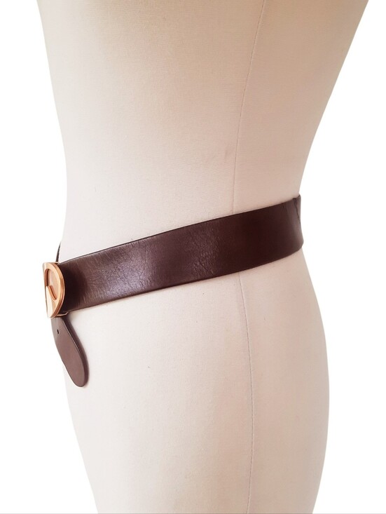 Vintage CALDERON Brown Wide Leather  Belt w/Gold Abstract Mod Art Buckle Sz M main image 4